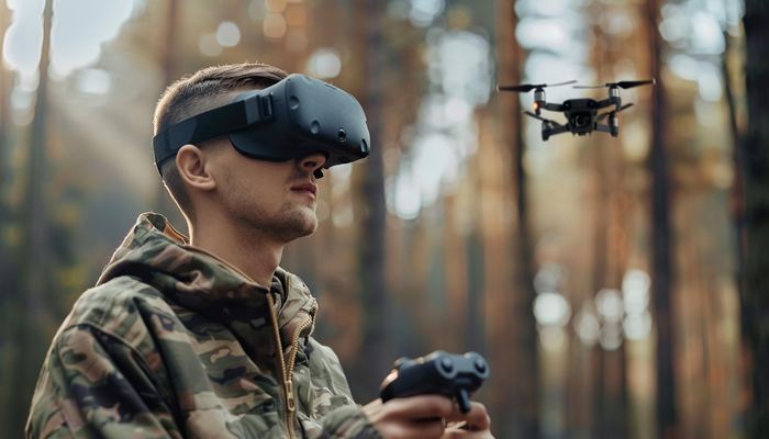 FPV pilot sa naočarama upravlja dronom u prirodi