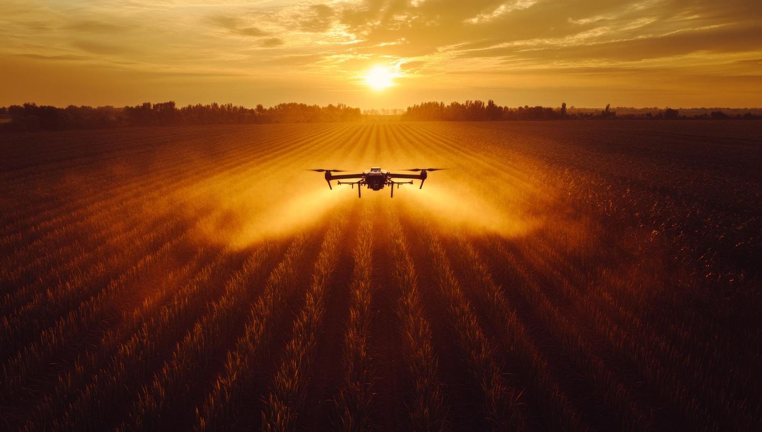 Poljoprivredni dron prska njivu pri zalasku sunca