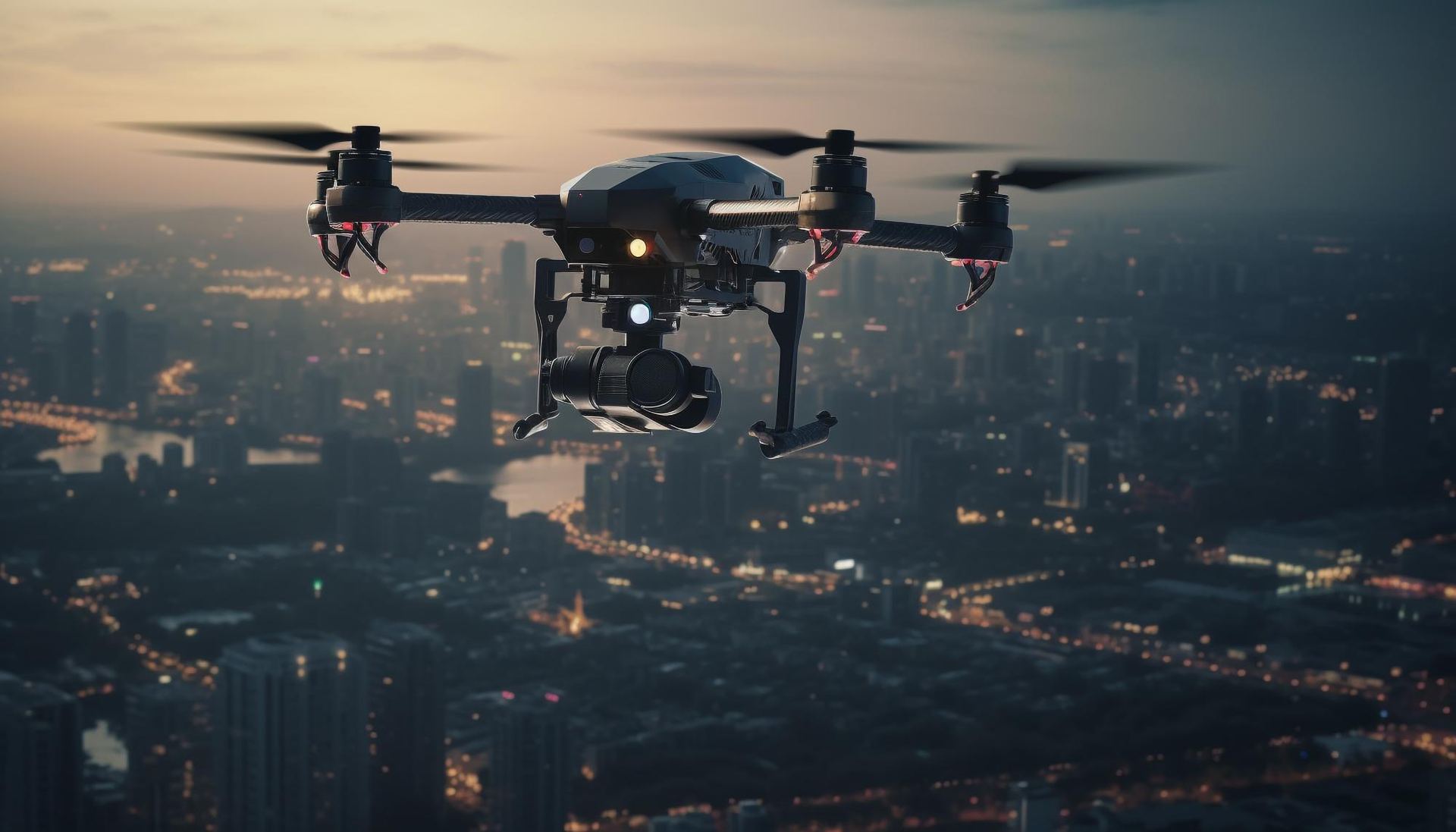 Profesionalni dron sa kamerom iznad grada u sumrak
