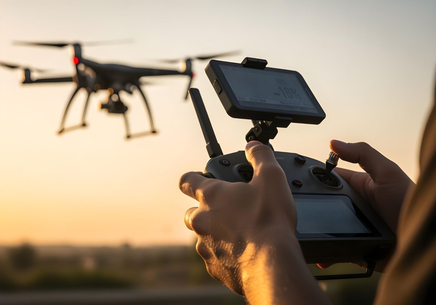 Pilot upravlja dronom uz pomoć kontrolera pri zalasku sunca